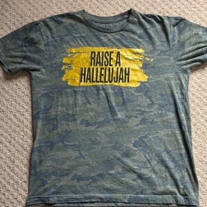 Graphic Tee with Yellow Print on Blue